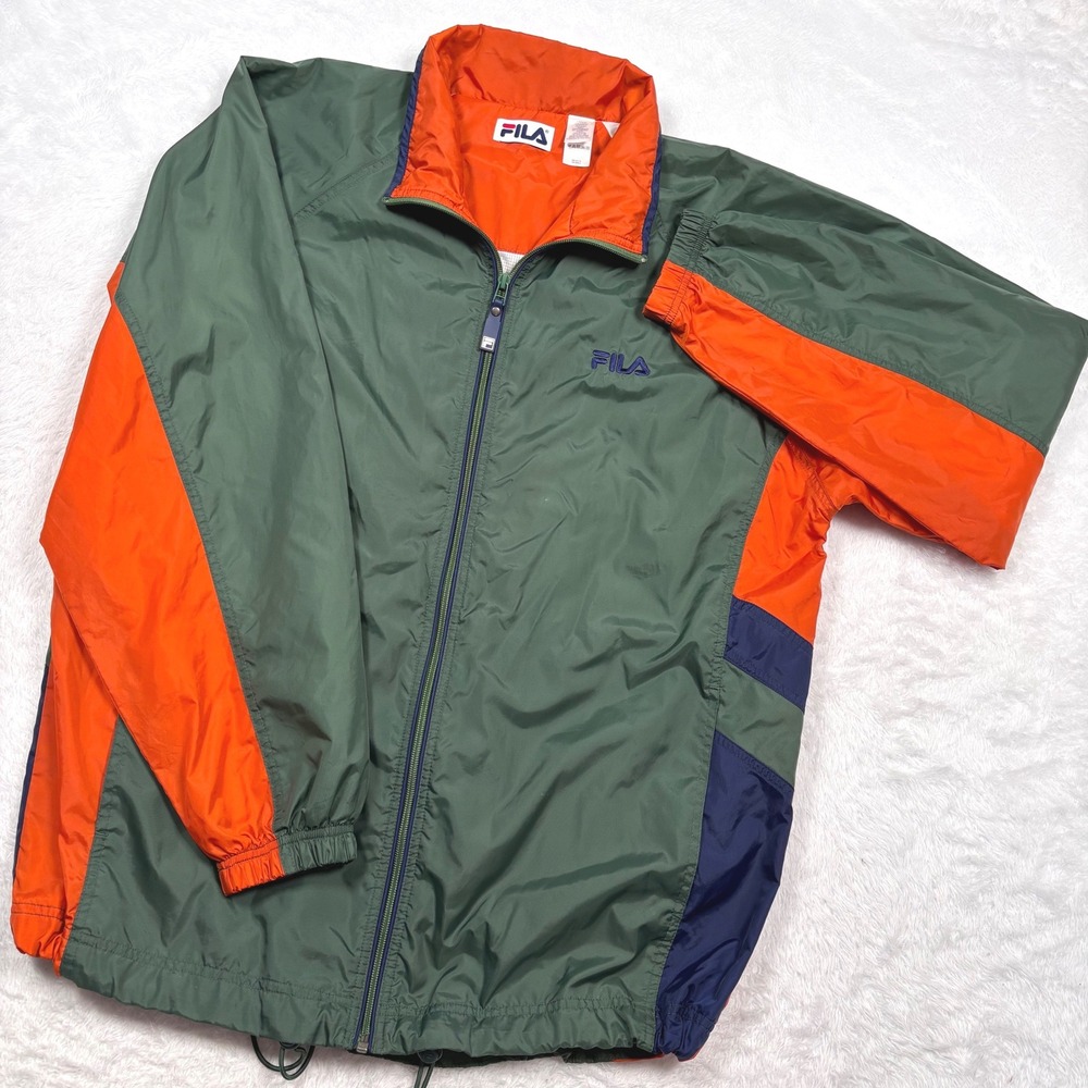 90s Fila Windbreaker Mens L Green Orange Navy Colorblock Zips‎ Mesh Lined Jacket